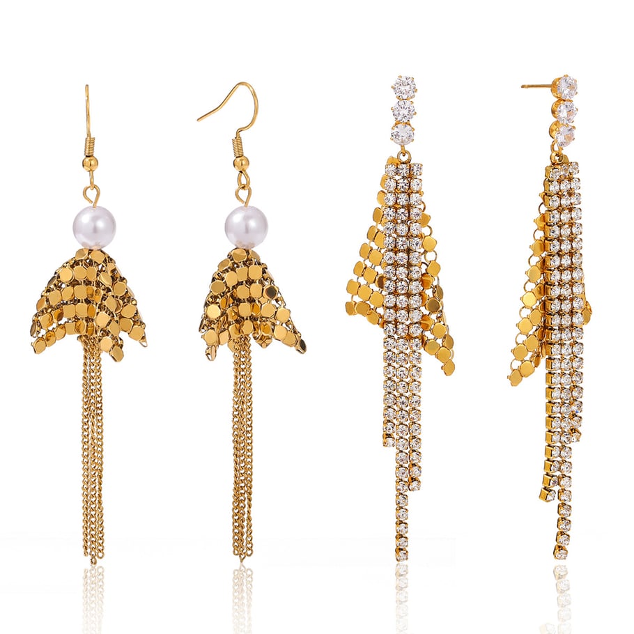 1 Pair Luxurious Tassel Stainless Steel Gold Color Zircon Women's Dangle Earrings h5Picture7