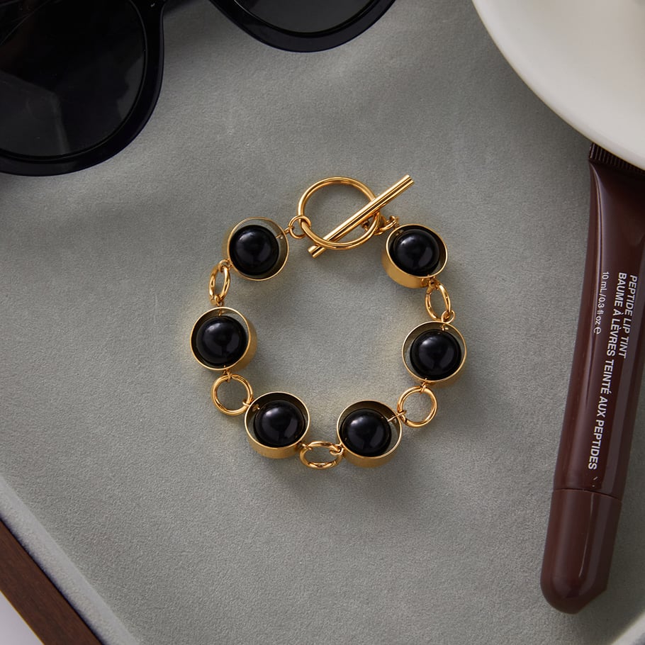1 Piece Black Glass Beads Stainless Steel Gold Color Women's Beaded Bracelets h5Picture4