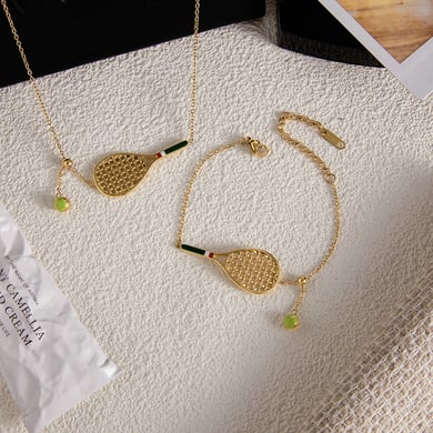 Conjuntos de joyas para mujer de acero inoxidable color dorado con raqueta de tenis deportiva h5 Imagen6