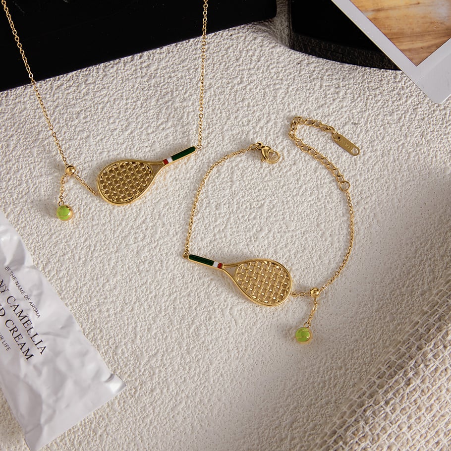 Conjuntos de joyas para mujer de acero inoxidable color dorado con raqueta de tenis deportiva Imagen6
