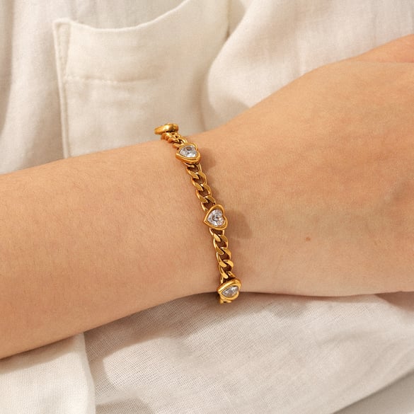 Bracelet chaîne luxueux en acier inoxydable avec cœur et zircone couleur or pour femme, 1 pièce 2
