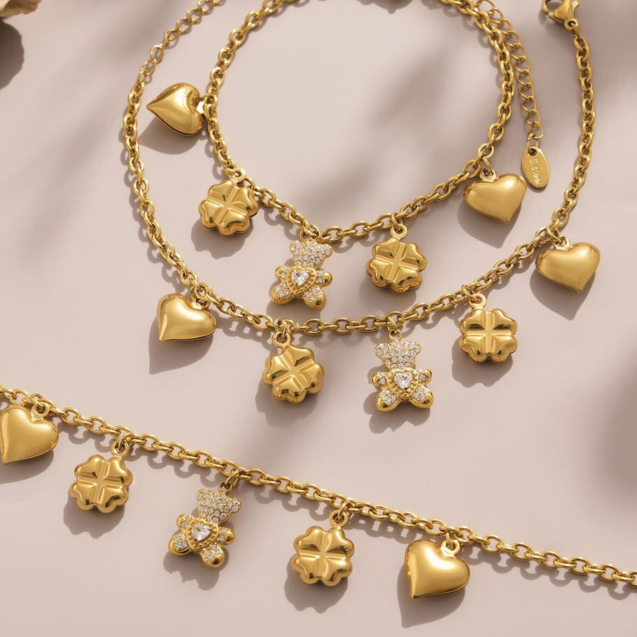 Cute Bear Clover Stainless Steel Gold Color Women's Jewelry Sets Picture7