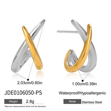 1 paio di orecchini a bottone da donna in acciaio inossidabile color oro con linee incrociate h5 Immagine2