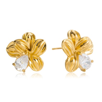 1 Pair Romantic Flower Stainless Steel Gold Color Zircon Women's Stud Earrings h5 