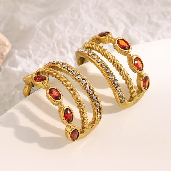 1 Pair Classic Stainless Steel Gold Color Red Zircon Women's Hoop Earrings 2
