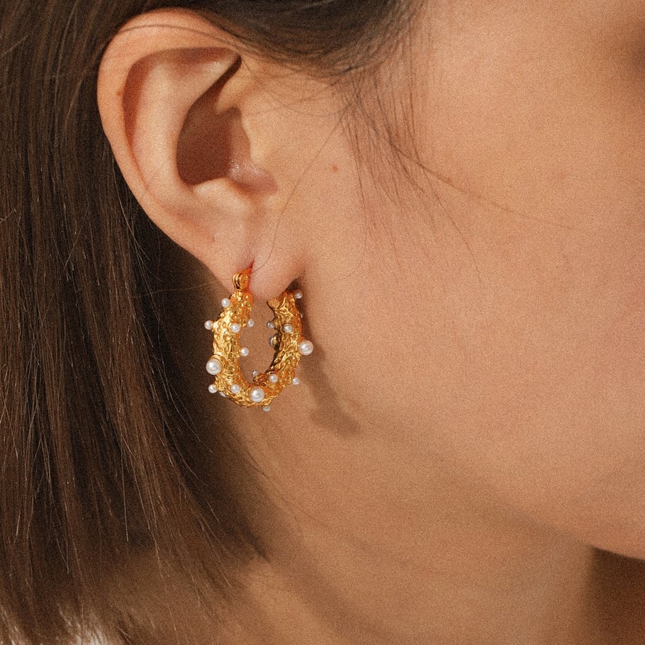 1 Pair Daily Irregular Shape Stainless Steel  Gold Color Pearl Women's Hoop Earrings Picture5