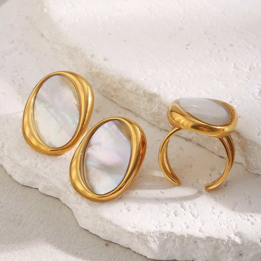 Anillos llamativos de concha de color dorado, de acero inoxidable ovalado retro, de 1 pieza Imagen5