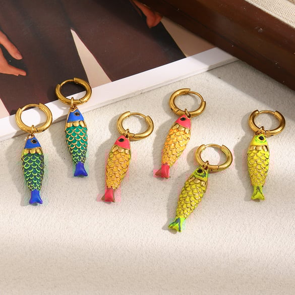 1 Pair Vivid Fish Stainless Steel Gold Color Women's Drop Earrings 2