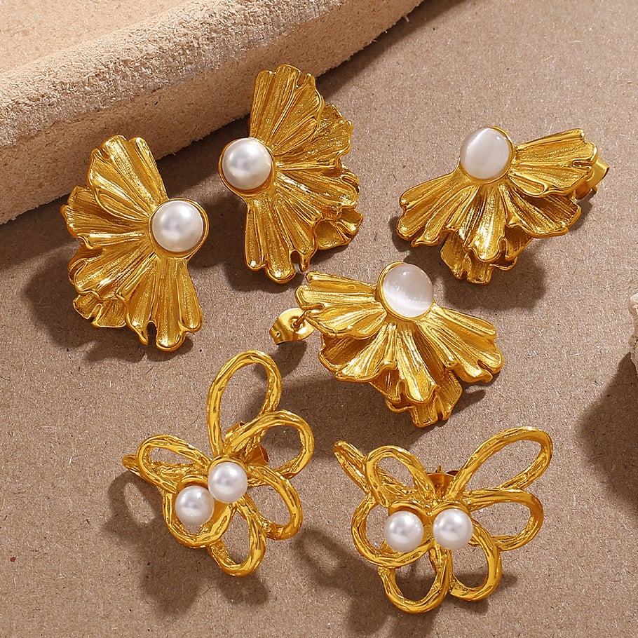 1 Pair Flower Stainless Steel Gold Color Stud Earrings Picture2