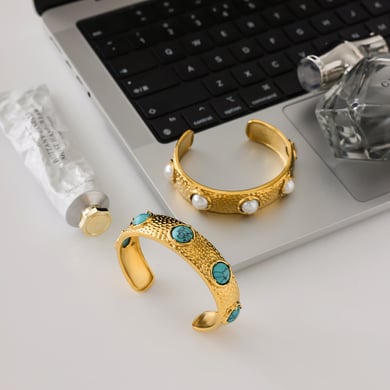1 Piece Retro Circle Stainless Steel Gold Color Natural Stone Women's Cuff Bracelets h5 Picture5