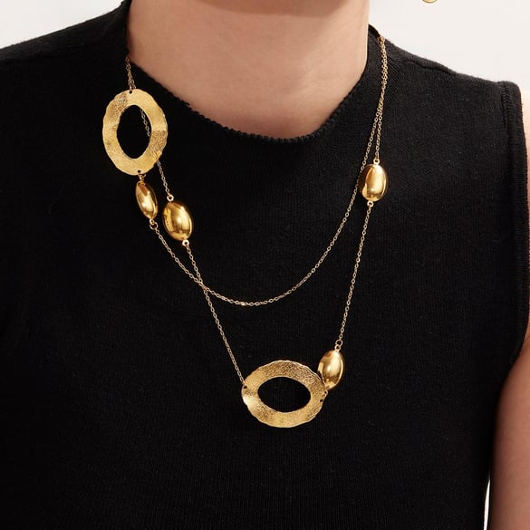1 Stück einfaches Hammermuster Edelstahl Goldfarbe Damen Lange Halsketten 2