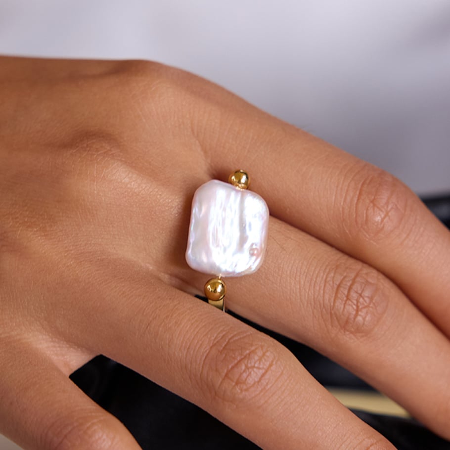 Anelli rettangolari in acciaio inossidabile color oro con perle personalizzabili Immagine4