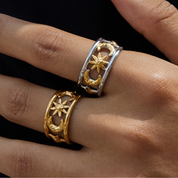 1 Stück schicke Statement-Ringe aus Edelstahl mit Sonne und Mond in Goldfarbe