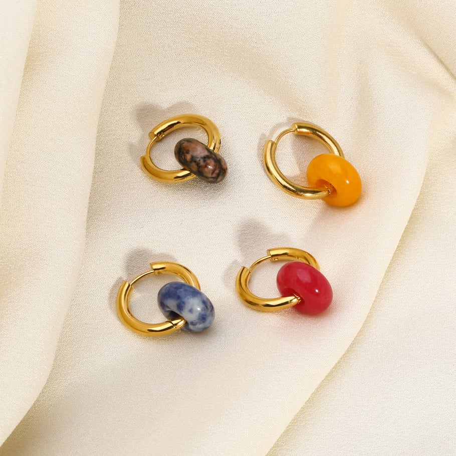 1 Pair Vintage Circle Stainless Steel Gold Color Natural Stone Women's Drop Earrings Picture4