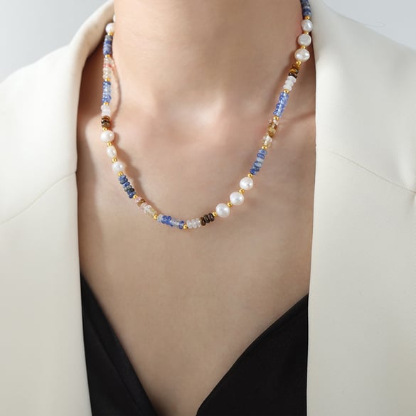 1 pezzo elegante collana di perline in acciaio inossidabile color oro con pietra naturale da donna 2