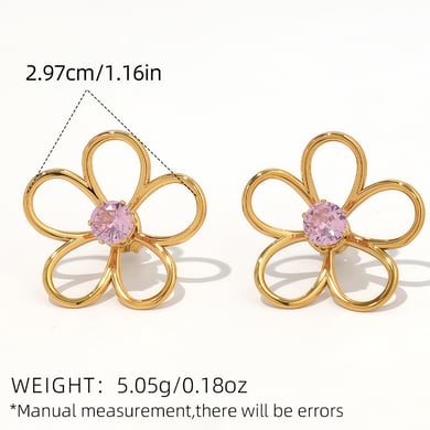 1 Pair Simple Natural Flower Stainless Steel  Gold Color Zircon Statement Rings h5 Picture2