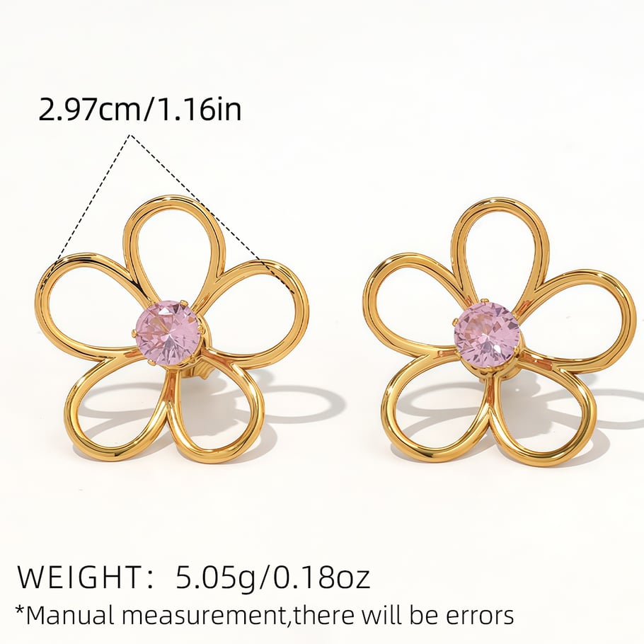 1 Pair Simple Natural Flower Stainless Steel  Gold Color Zircon Statement Rings Picture2