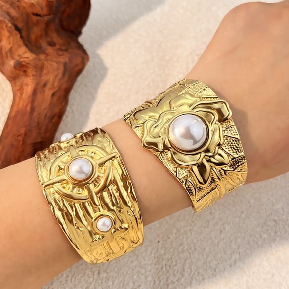 1 Stück Retro unregelmäßige Form Edelstahl Gold Farbe Manschette Armband 2