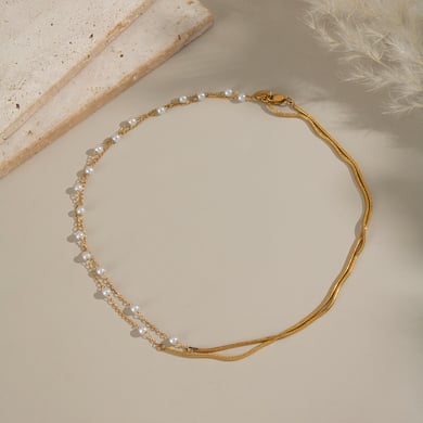 1 collar de perlas en capas de acero inoxidable color dorado h5 Imagen5
