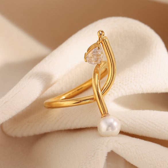 1 Piece Twist Stainless Steel Gold Color Zircon Women's Gemstone Rings