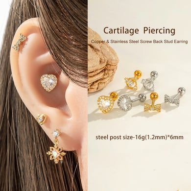1 stuk hart strik knoop koper goud kleur zirkoon piercing oorbel h5 Afbeelding4
