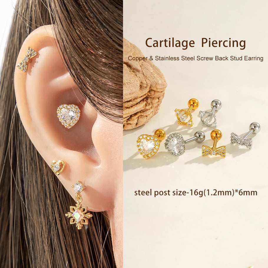 1 stuk hart strik knoop koper goud kleur zirkoon piercing oorbel Afbeelding4