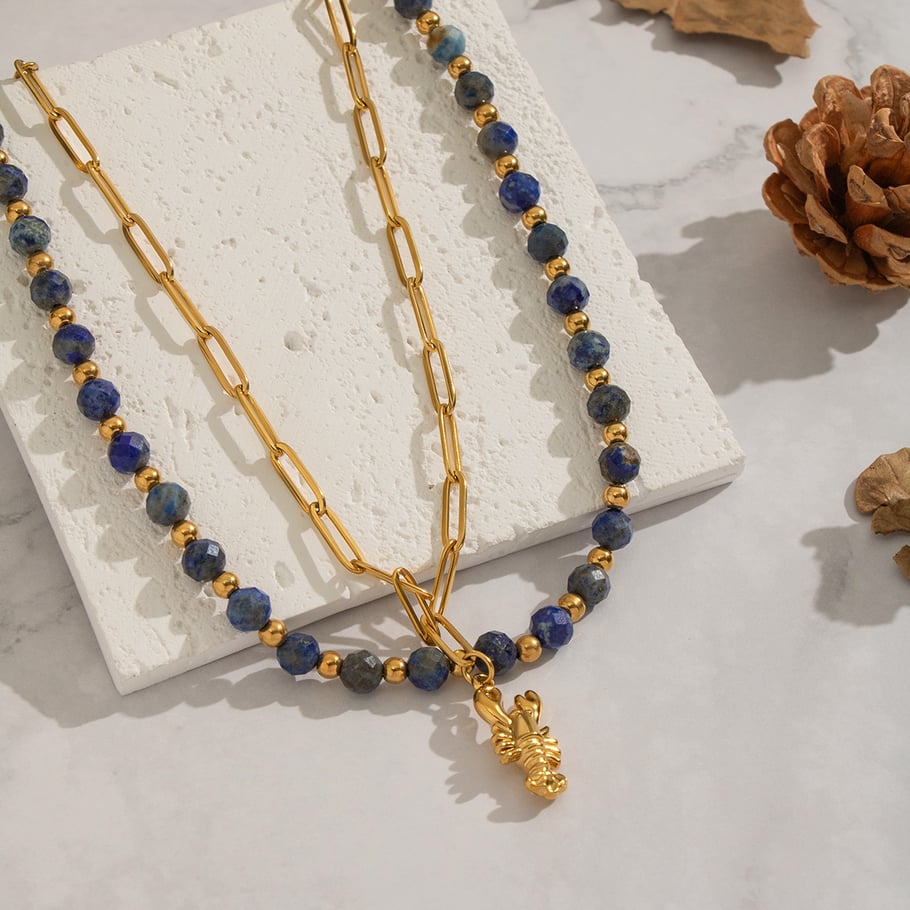 Collier de perles en pierre naturelle couleur or en acier inoxydable, 1 pièce Image4