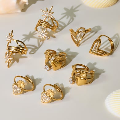 1 pezzo di anelli eleganti in acciaio inossidabile color oro con cuore e stella h5 Immagine2