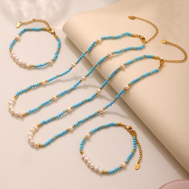 Tägliche Calaite Perlen Edelstahl Gold Farbe Naturstein Perle Damen Schmuck Sets h5 Bild2