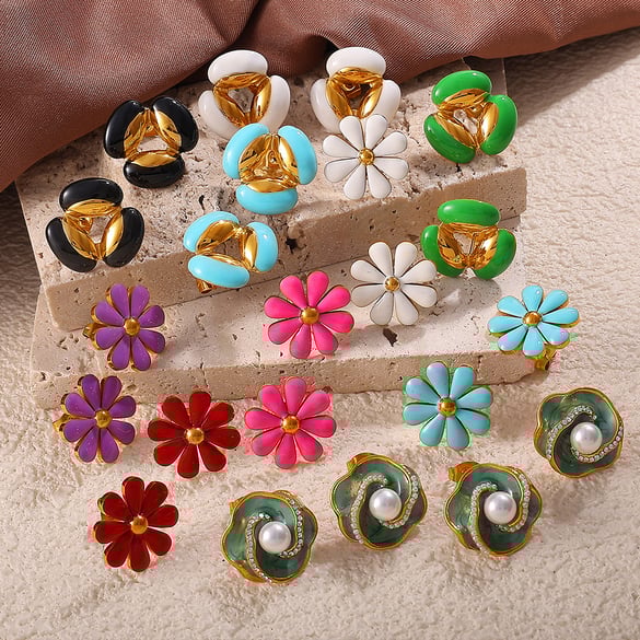 1 Pair Retro Enamel Flower Stainless Steel Stud Earrings 2