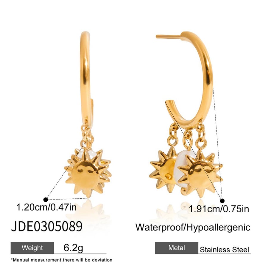 1 Pair Luxurious Sun Stainless Steel Gold Color Pearl Women's Hoop Earrings Picture2