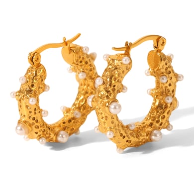 1 Pair Daily Irregular Shape Stainless Steel  Gold Color Pearl Women's Hoop Earrings h5 