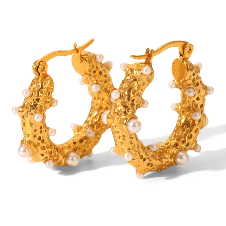 1 Pair Daily Irregular Shape Stainless Steel  Gold Color Pearl Women's Hoop Earrings 