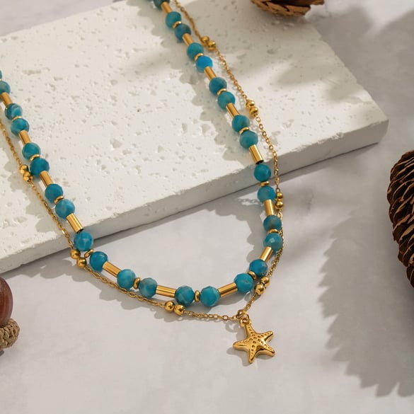 Collier de perles en pierre naturelle couleur or en acier inoxydable, 1 pièce