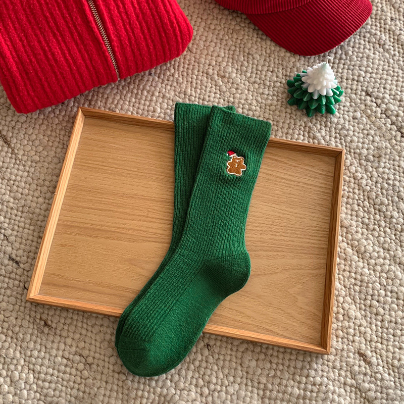 1 paire de chaussettes mi-mollet brodées de Noël en coton pour femme 