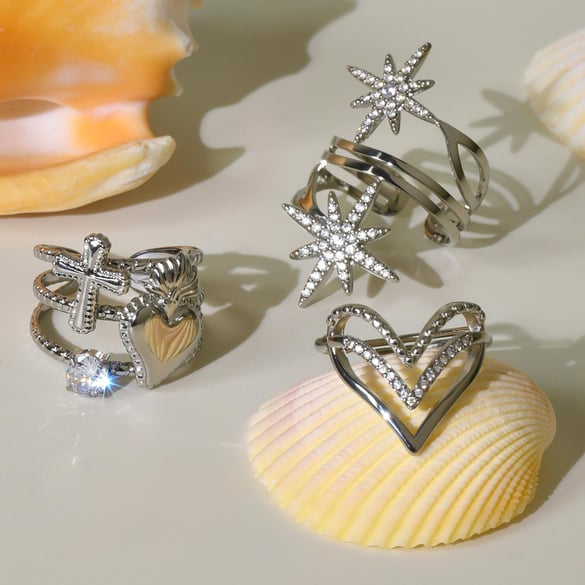 1 Piece Chic Heart Star Stainless Steel Gold Color Statement Rings 2
