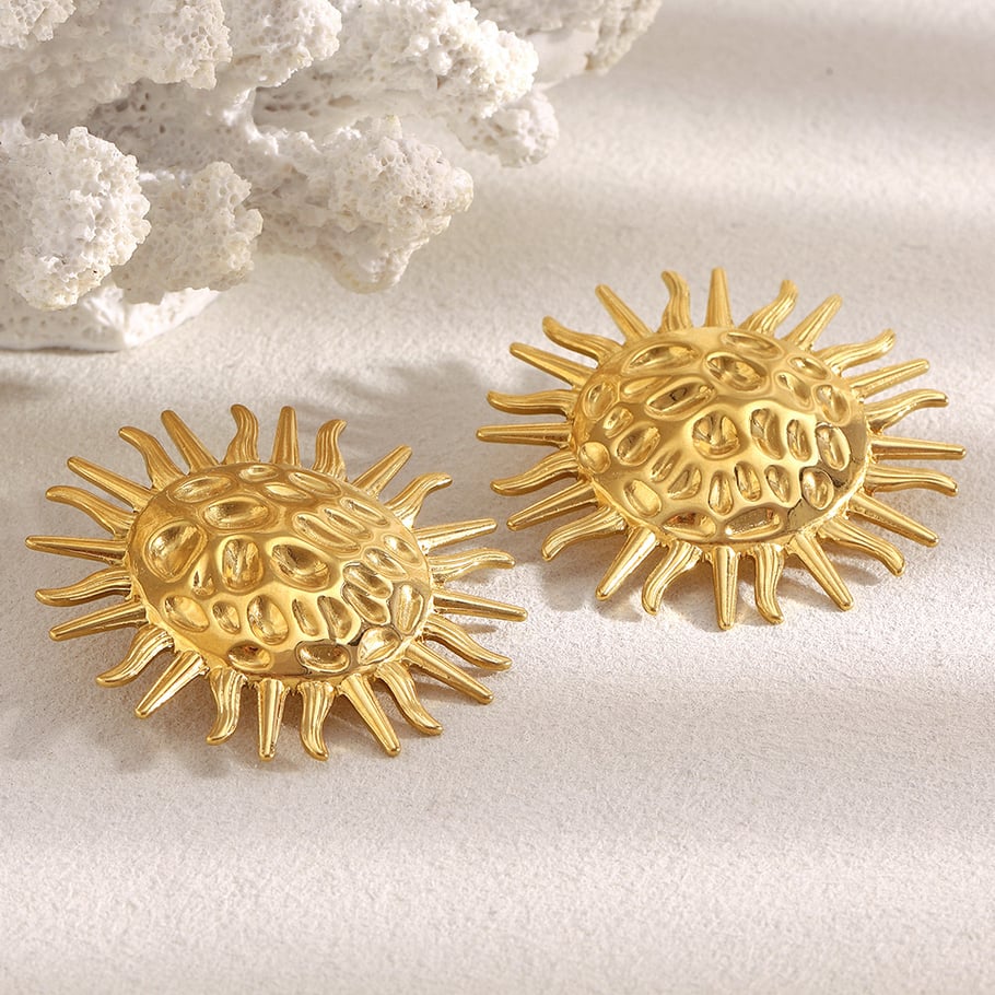 1 Pair Sun Hammered Texture Stainless Steel Gold Color Women's Stud Earrings Picture3