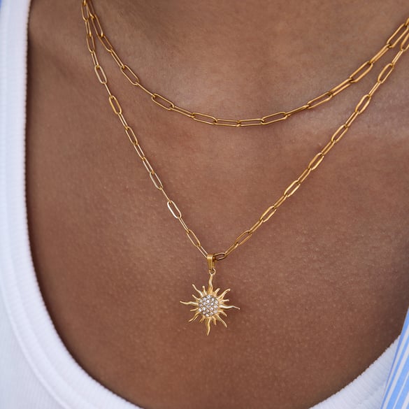 1 Stück Elegante Sun Edelstahl Gold Farbe Damen Layered Halsketten 2