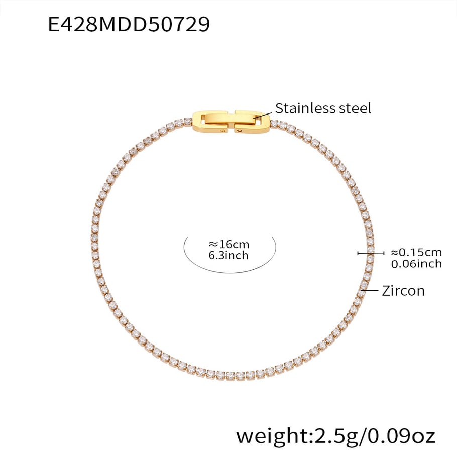 Pulsera de cadena de acero inoxidable con circonitas de color dorado y líneas delicadas para mujer (1 unidad) 