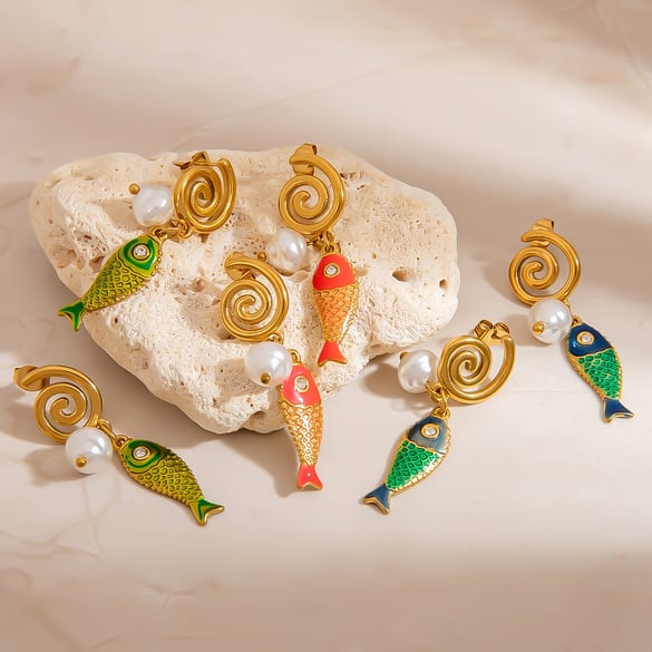 1 Pair Creative Colorful Oil Drip Stainless Steel Fish Women's Drop Earrings