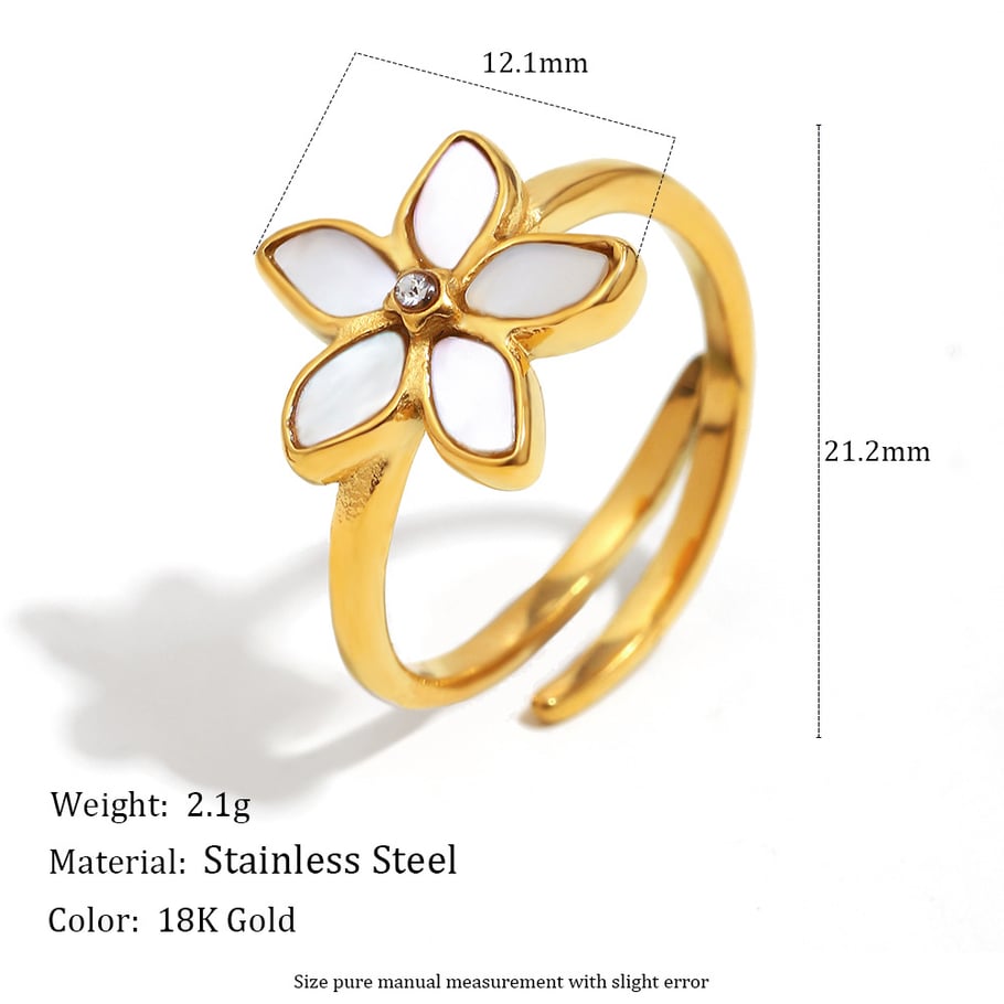 1 anillo llamativo de acero inoxidable con diseño de flor elegante y concha de color dorado. Imagen2
