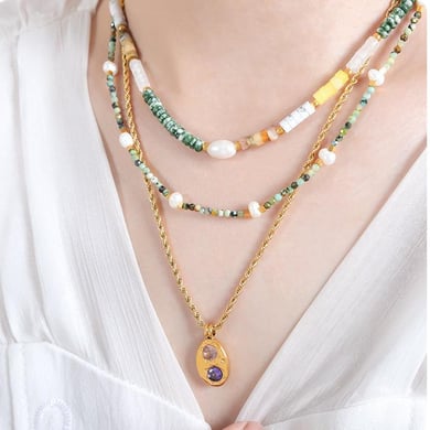1 pezzo di perline classiche in acciaio inossidabile color oro, pietra naturale, collane di perline da donna h5 Immagine6
