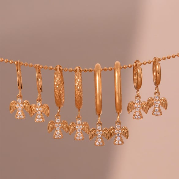 1 Pair Classic Angel Stainless Steel Gold Color Zircon Women's Drop Earrings