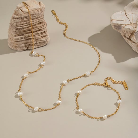 Elegant Pearl Chain Stainless Steel Gold Color Necklace Set 2