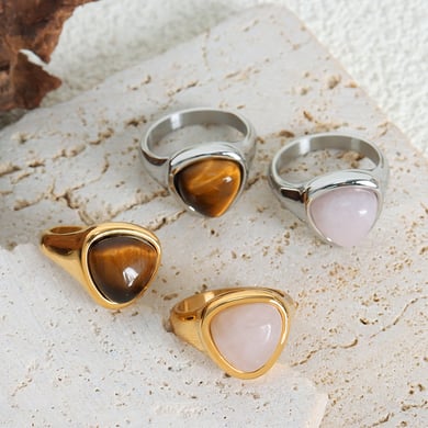 1 Stück Dreieck Naturstein Edelstahl Gold Farbe Damen Edelstein Ringe h5 Bild3