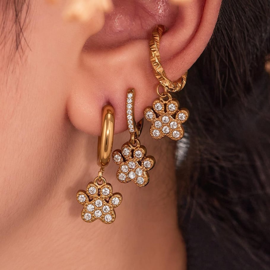 1 Pair Romantic Dog's Paw Stainless Steel Gold Color Zircon Women's Drop Earrings Picture5