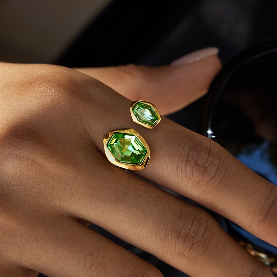1 Piece Hexagon Green Shape Zircon Stainless Steel Gold Color Women's Gemstone Rings Picture3