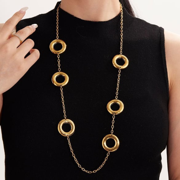 1 Stück einfache Kreis Edelstahl Gold Farbe Damen lange Halsketten 2