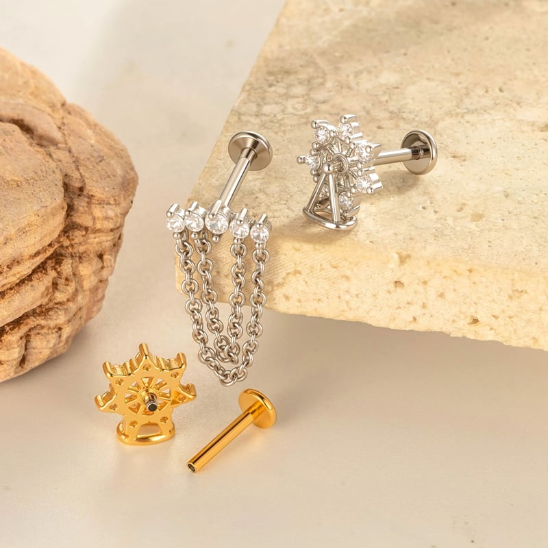 1 Parça Fiyonk Düğüm Bakır Altın Rengi Zirkonyum Piercing Küpe Resim3