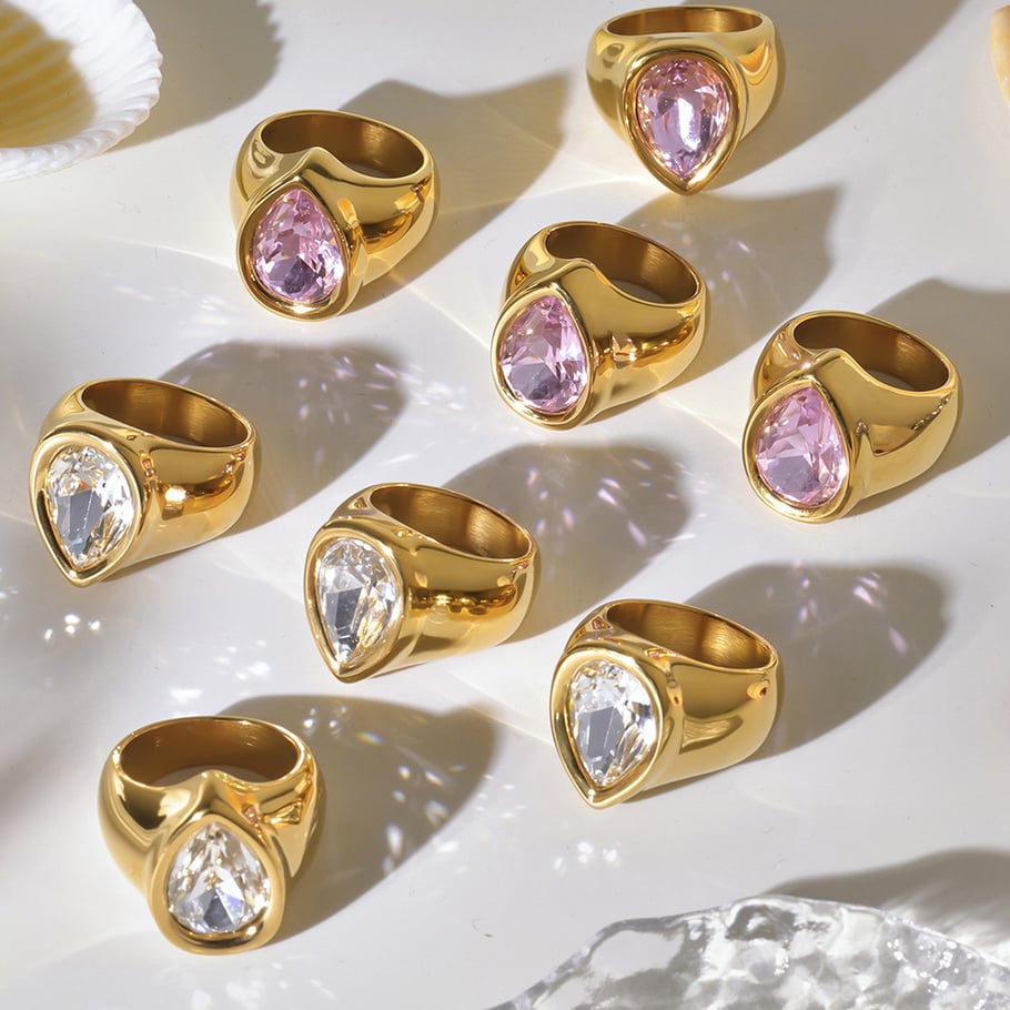 1 Piece Romantic Droplet Stainless Steel Gold Color Zircon Women's Gemstone Rings Picture2